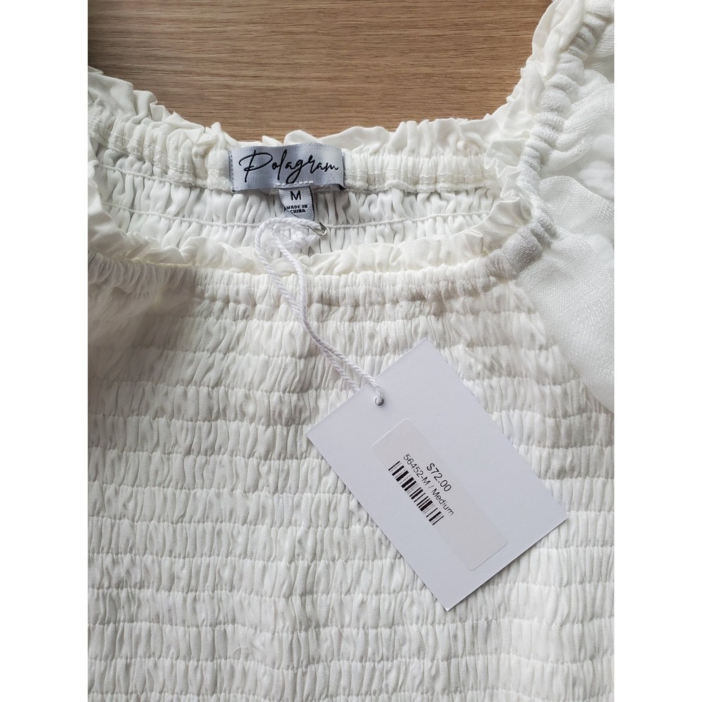 Polagram White Dot Smocked w/ Puff Sleeve Midi Dress Womens Medium NWT - Picture 3 of 16
